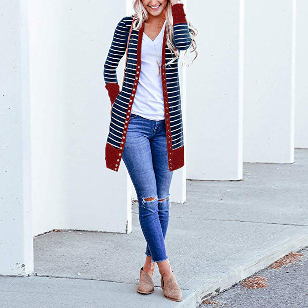 Cardigans- Striped Button-Up Duster Cardigan for Women- - Pekosa Women Fashion