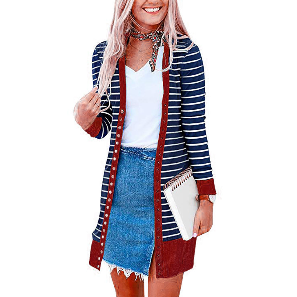 Cardigans- Striped Button-Up Duster Cardigan for Women- - Pekosa Women Fashion