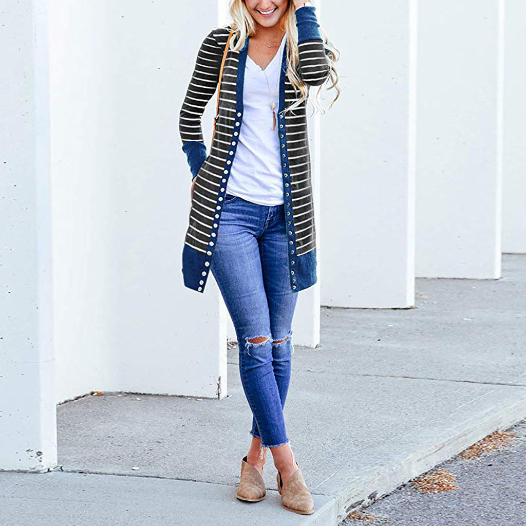 Cardigans- Striped Button-Up Duster Cardigan for Women- - Pekosa Women Fashion