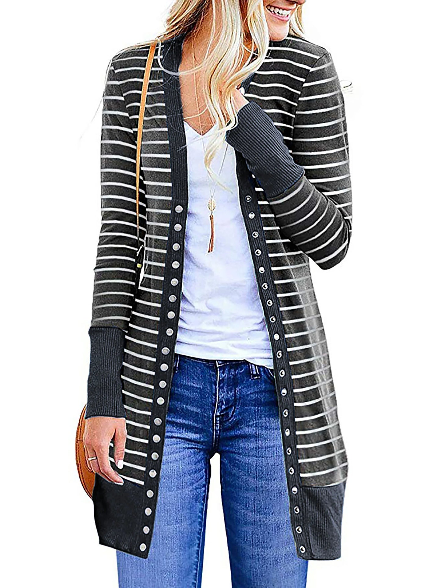 Cardigans- Striped Button-Up Duster Cardigan for Women- Dark Grey- Pekosa Women Fashion