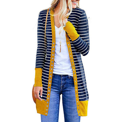 Cardigans- Striped Button-Up Duster Cardigan for Women- - Pekosa Women Fashion