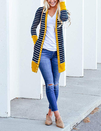 Cardigans- Striped Button-Up Duster Cardigan for Women- - Pekosa Women Fashion