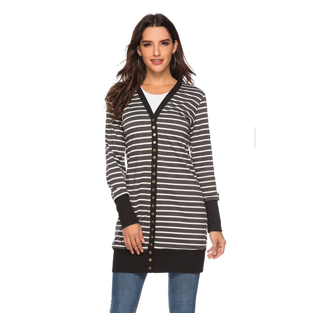 Cardigans- Striped Button-Up Duster Cardigan for Women- - Pekosa Women Fashion