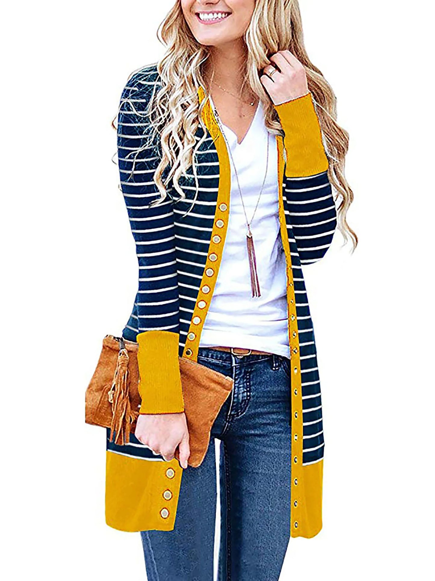 Cardigans- Striped Button-Up Duster Cardigan for Women- Yellow- Pekosa Women Fashion