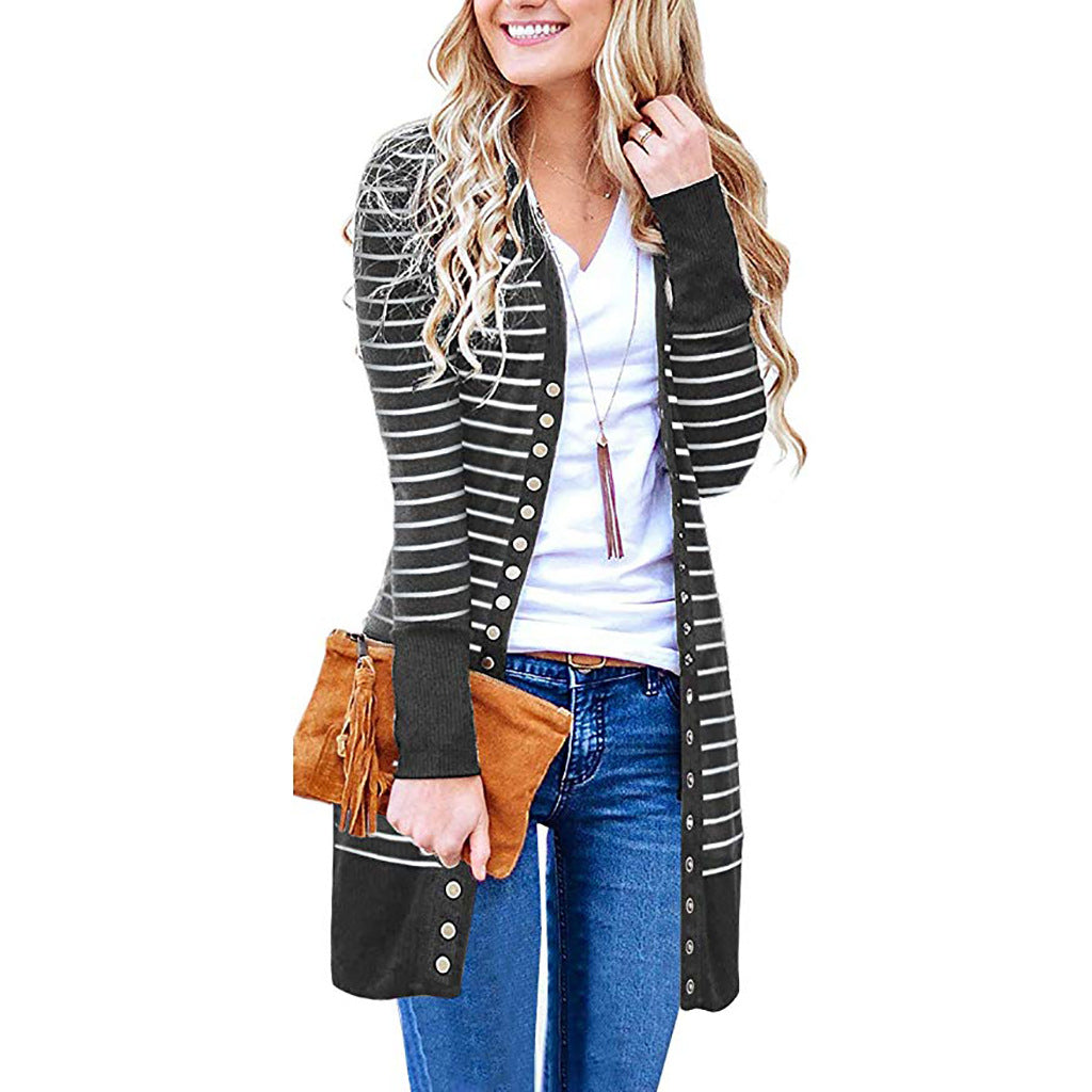 Cardigans- Striped Button-Up Duster Cardigan for Women- - Pekosa Women Fashion