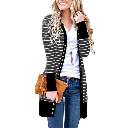 Cardigans- Striped Button-Up Duster Cardigan for Women- - Pekosa Women Fashion