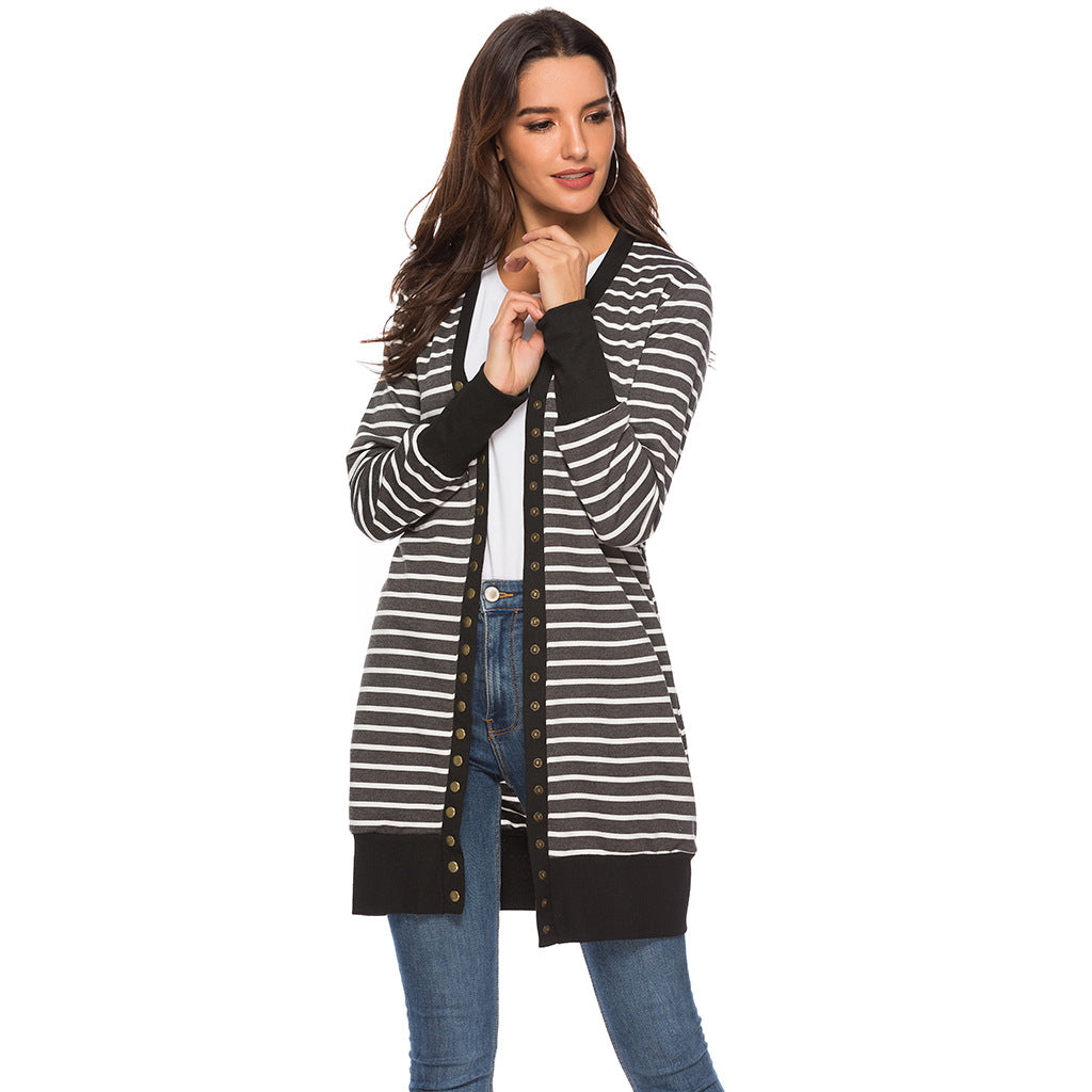 Cardigans- Striped Button-Up Duster Cardigan for Women- - Pekosa Women Fashion