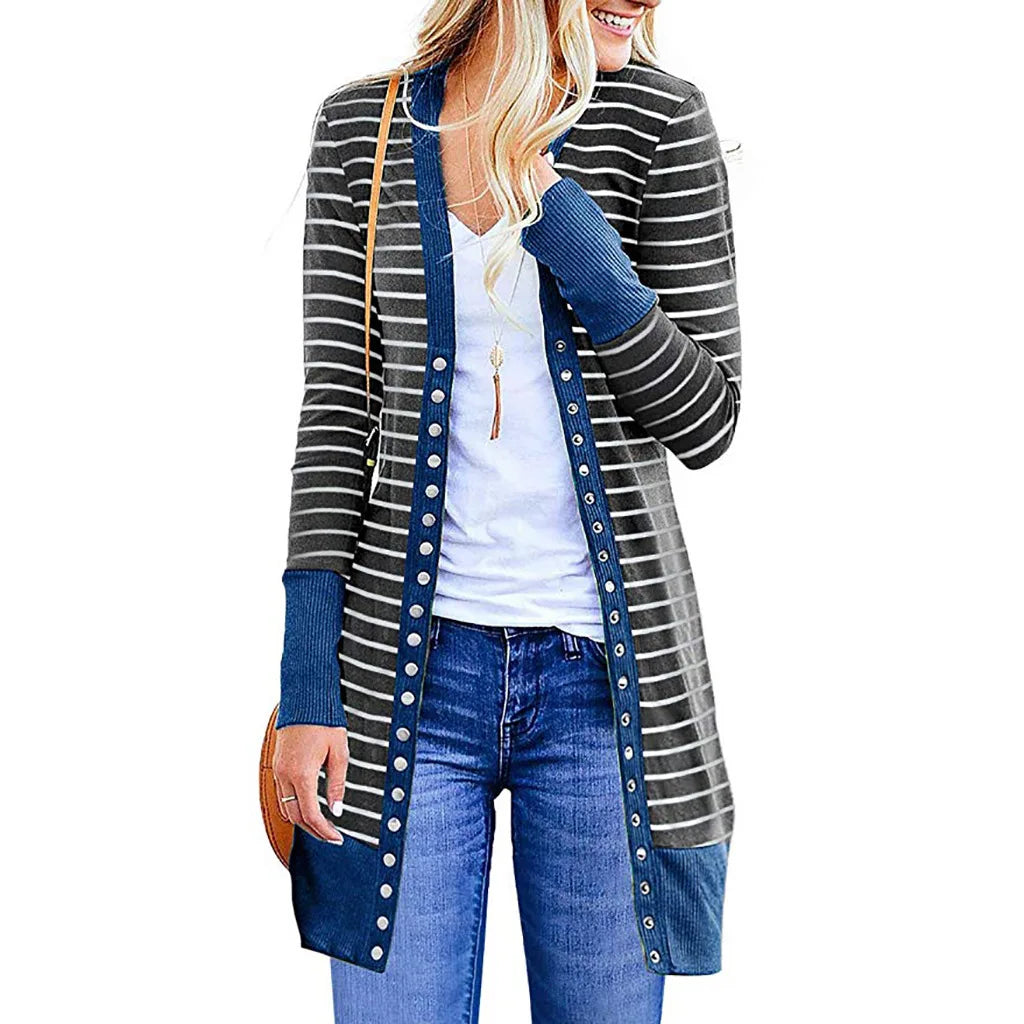 Cardigans- Striped Button-Up Duster Cardigan for Women- - Pekosa Women Fashion