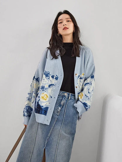 Cardigans - Van Gogh Print Winter Cardigan