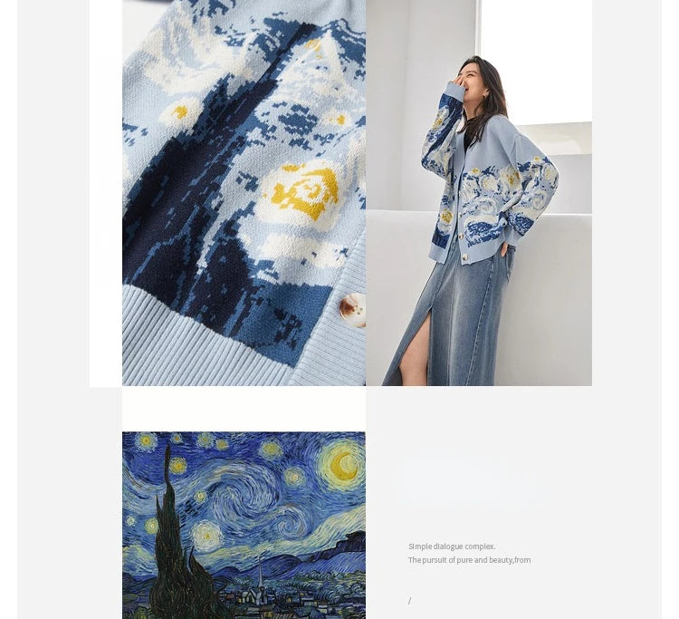 Cardigans - Van Gogh Print Winter Cardigan