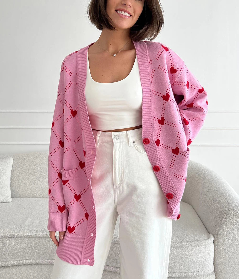 Cardigans - Vibrant Pink Argyle Knit Cardigan