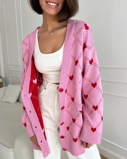 Cardigans - Vibrant Pink Argyle Knit Cardigan