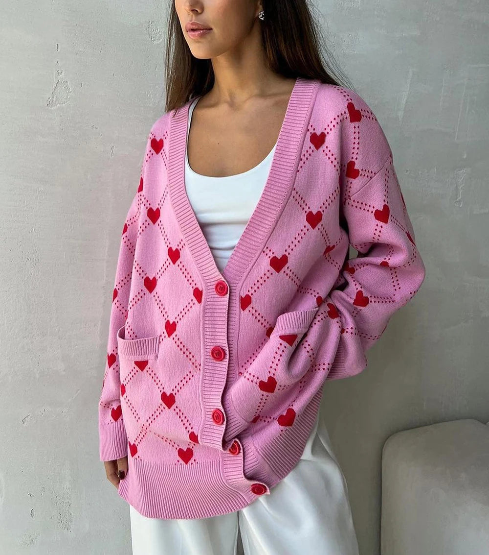 Cardigans - Vibrant Pink Argyle Knit Cardigan