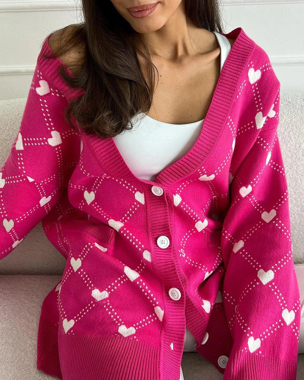 Cardigans - Vibrant Pink Argyle Knit Cardigan