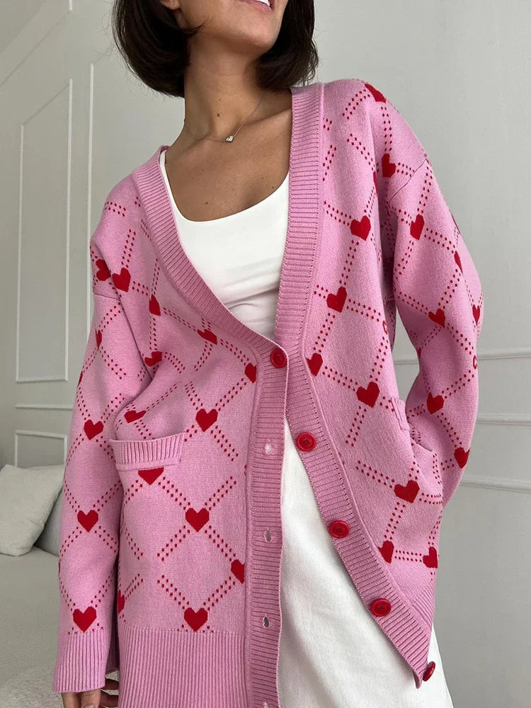 Cardigans - Vibrant Pink Argyle Knit Cardigan