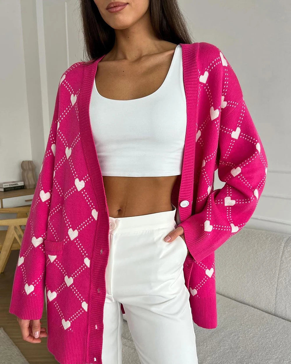 Cardigans - Vibrant Pink Argyle Knit Cardigan