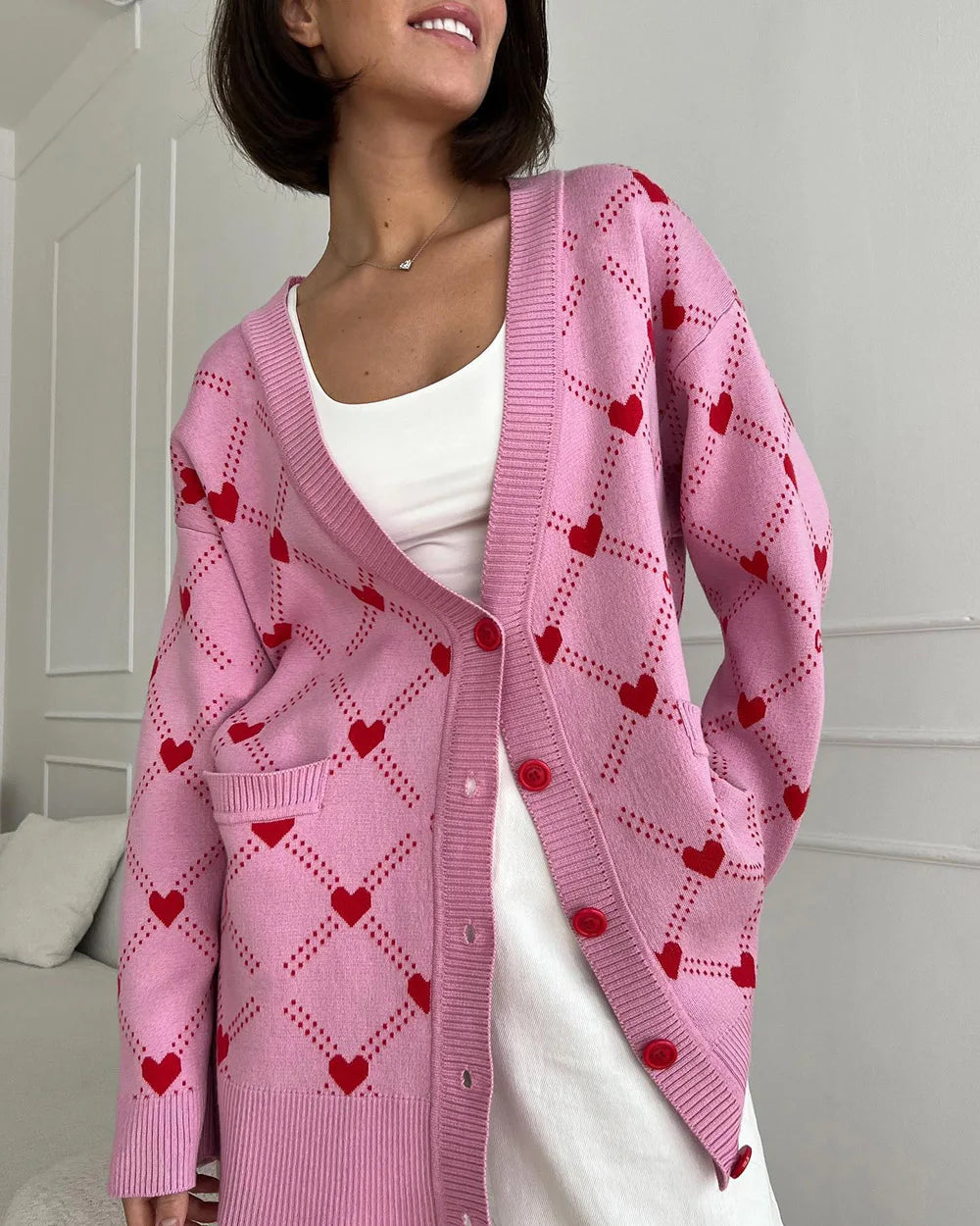 Cardigans - Vibrant Pink Argyle Knit Cardigan