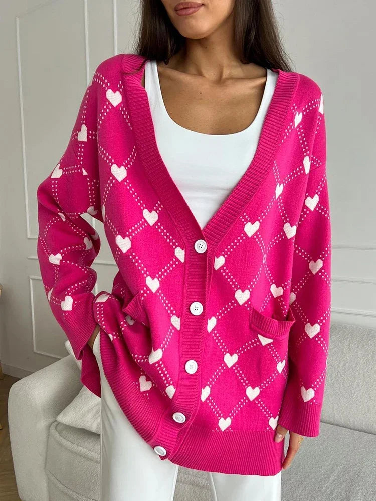 Cardigans - Vibrant Pink Argyle Knit Cardigan