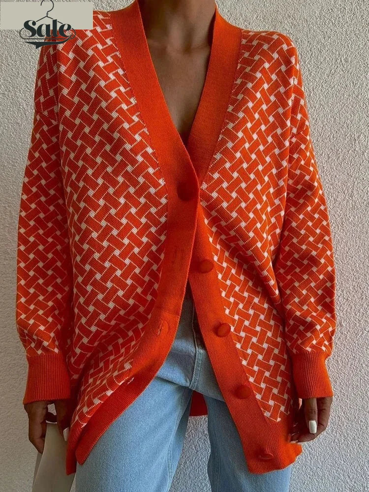 Cardigans - Vivid Houndstooth Statement Oversized Cardigan