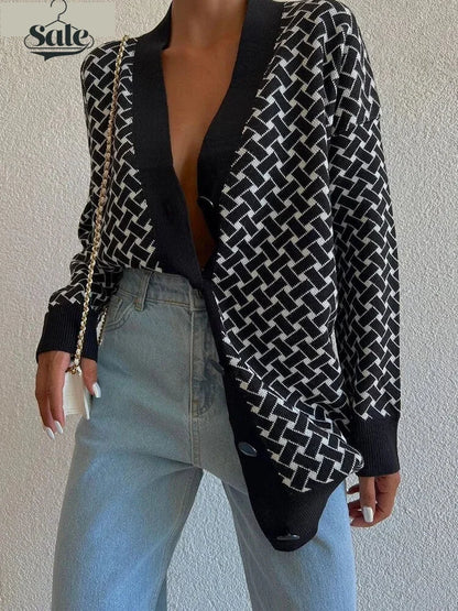 Cardigans - Vivid Houndstooth Statement Oversized Cardigan