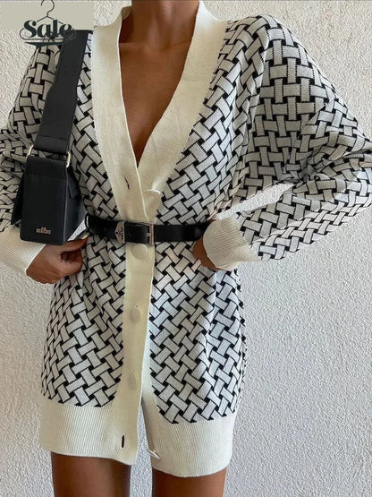 Cardigans - Vivid Houndstooth Statement Oversized Cardigan