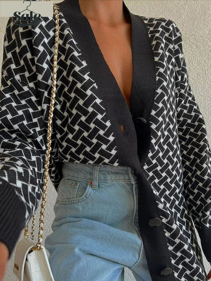 Cardigans - Vivid Houndstooth Statement Oversized Cardigan