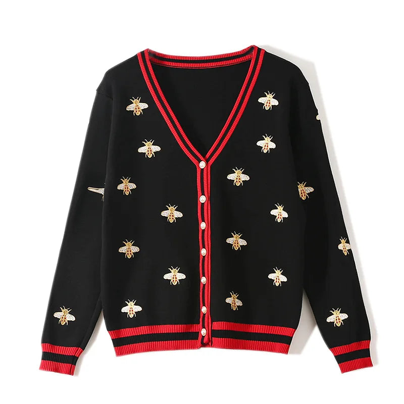 Cardigans- Women Bee-Embroidered Cardigan- Black- Pekosa Women Fashion