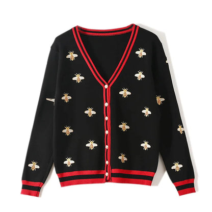 Cardigans- Women Bee-Embroidered Cardigan- Black- Pekosa Women Fashion