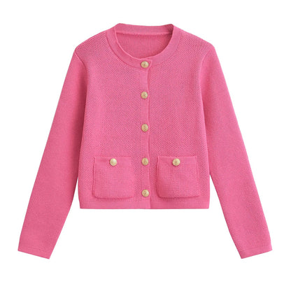 Cardigans- Women Knit Cardigan Cardigan for Professional Settings- Pink- Chuzko Women Clothing