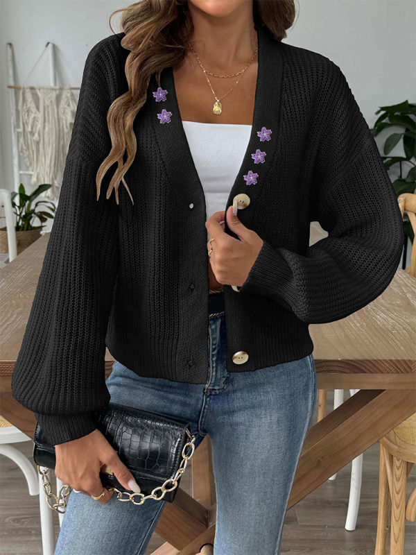 Cardigans- Women’s Button-Up Crop Cardigan | Purple Flower Embroidery Sweater- - Pekosa Women Fashion