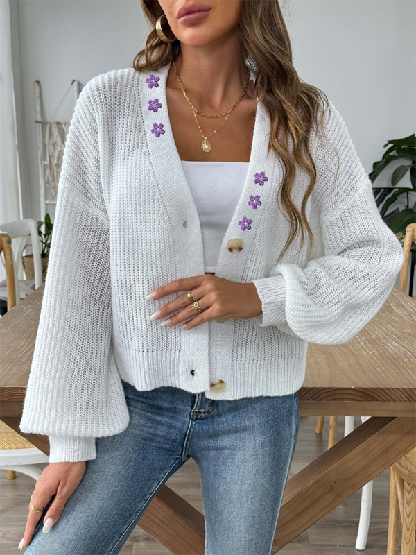 Cardigans- Women’s Button-Up Crop Cardigan | Purple Flower Embroidery Sweater- - Pekosa Women Fashion