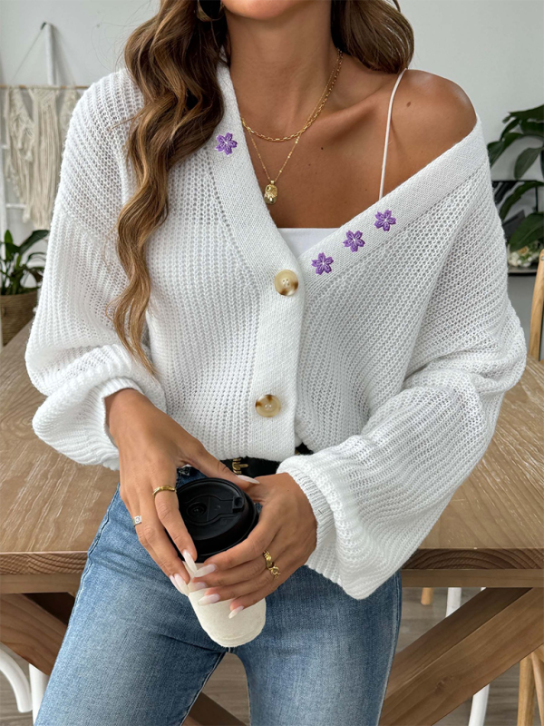 Cardigans- Women’s Button-Up Crop Cardigan | Purple Flower Embroidery Sweater- White- Pekosa Women Fashion