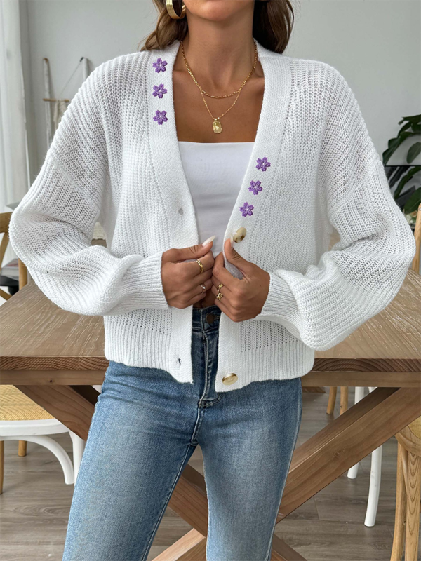 Cardigans- Women’s Button-Up Crop Cardigan | Purple Flower Embroidery Sweater- - Pekosa Women Fashion