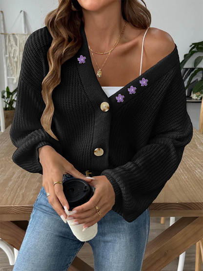 Cardigans- Women’s Button-Up Crop Cardigan | Purple Flower Embroidery Sweater- Black- Pekosa Women Fashion