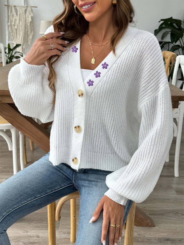 Cardigans- Women’s Button-Up Crop Cardigan | Purple Flower Embroidery Sweater- - Pekosa Women Fashion