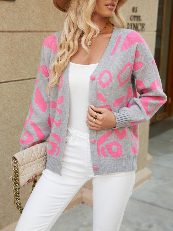 Cardigans- Women’s Cozy Button-Up Cardigan with Pink Abstract Knitting- Grey- Pekosa Women Fashion