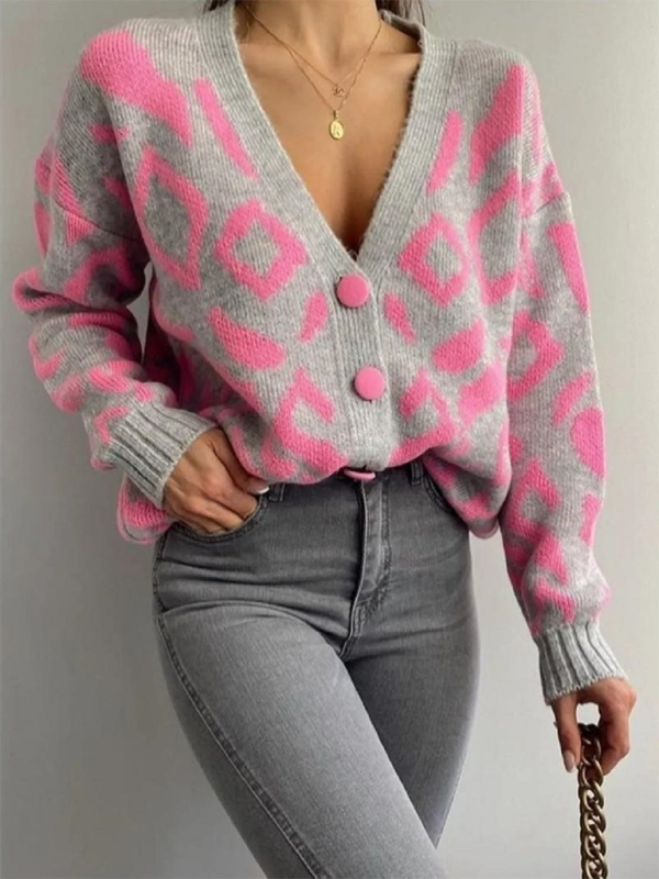 Cardigans- Women’s Cozy Button-Up Cardigan with Pink Abstract Knitting- - Pekosa Women Fashion