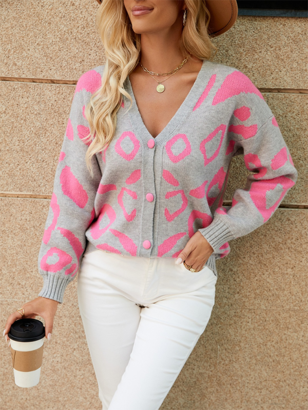 Cardigans- Women’s Cozy Button-Up Cardigan with Pink Abstract Knitting- - Pekosa Women Fashion