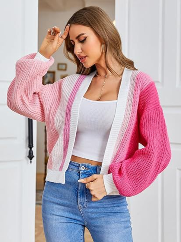 Cardigans- Women’s Rainbow Knitting Open-Front Cardigan | Cozy Relaxed Fit Sweater- Rose- Pekosa Women Fashion