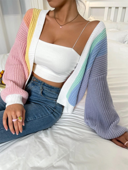 Cardigans- Women’s Rainbow Knitting Open-Front Cardigan | Cozy Relaxed Fit Sweater- - Pekosa Women Fashion