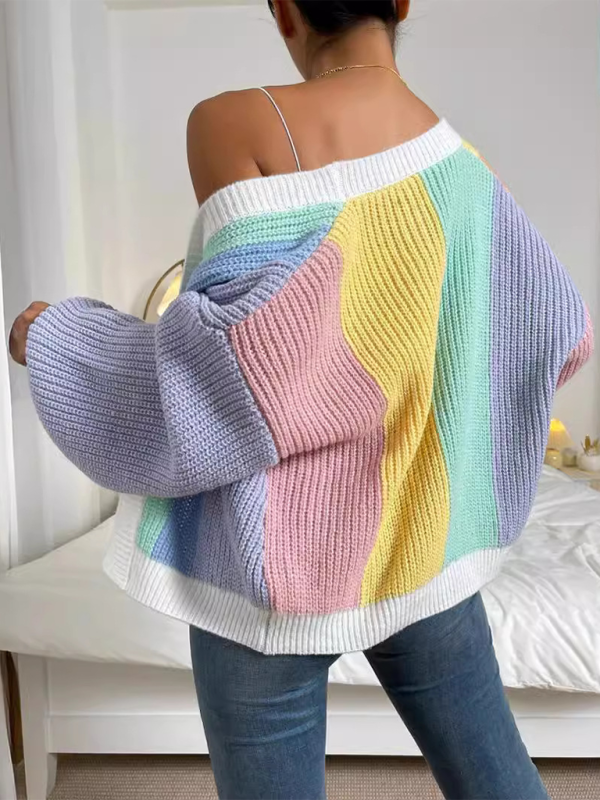 Cardigans- Women’s Rainbow Knitting Open-Front Cardigan | Cozy Relaxed Fit Sweater- - Pekosa Women Fashion