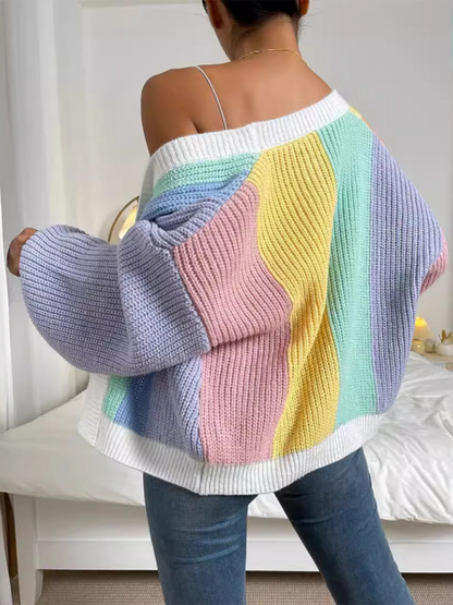 Cardigans- Women’s Rainbow Knitting Open-Front Cardigan | Cozy Relaxed Fit Sweater- - Pekosa Women Fashion