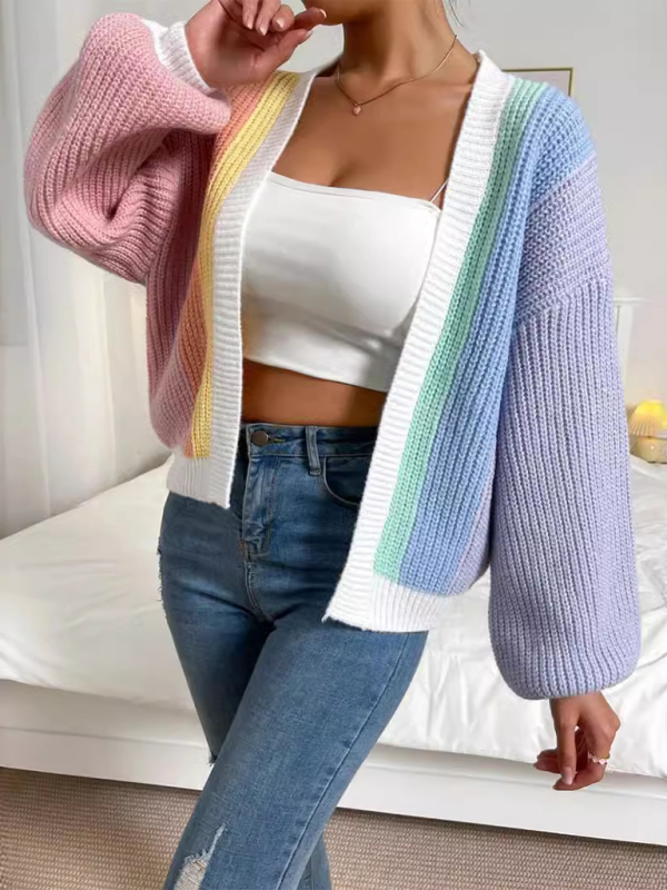 Cardigans- Women’s Rainbow Knitting Open-Front Cardigan | Cozy Relaxed Fit Sweater- - Pekosa Women Fashion