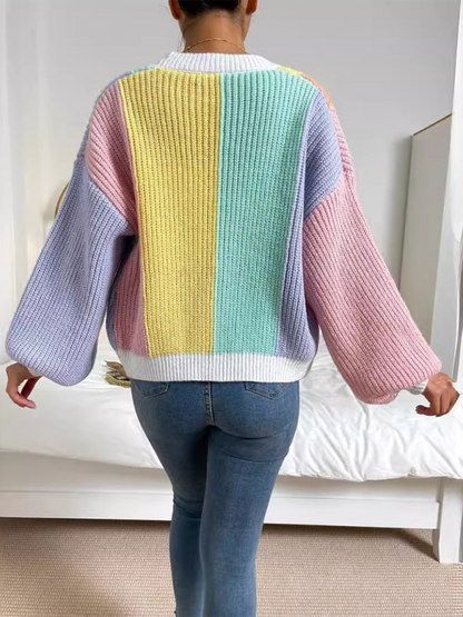 Cardigans- Women’s Rainbow Knitting Open-Front Cardigan | Cozy Relaxed Fit Sweater- - Pekosa Women Fashion