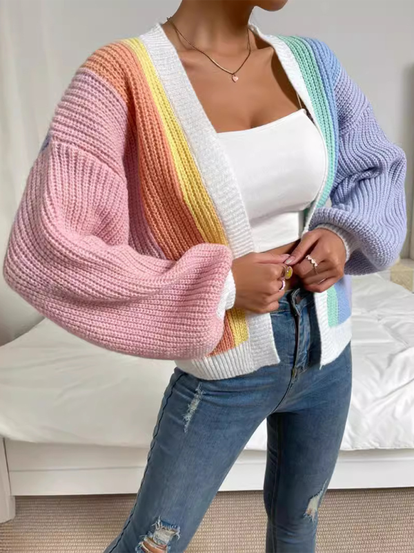 Cardigans- Women’s Rainbow Knitting Open-Front Cardigan | Cozy Relaxed Fit Sweater- Medium purple- Pekosa Women Fashion