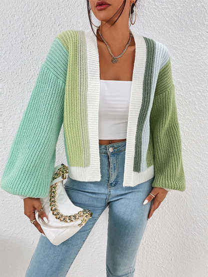 Cardigans- Women’s Rainbow Knitting Open-Front Cardigan | Cozy Relaxed Fit Sweater- Green- Pekosa Women Fashion