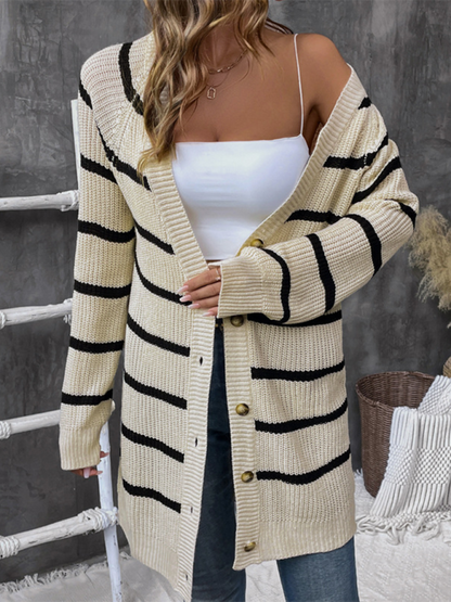 Cardigans- Women’s Striped Fall Duster Cardigan | Button-Up Knitwear- - Pekosa Women Fashion