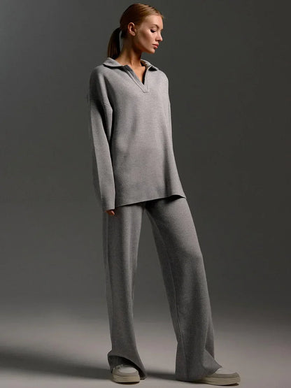 Cashmere Loungewear - Cashmere Loungewear Winter Knit Set Loose Pants and Top