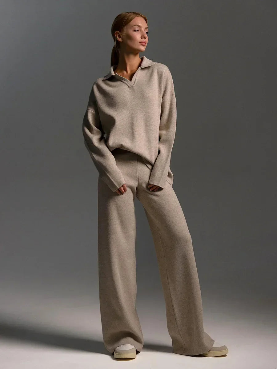 Cashmere Loungewear - Cashmere Loungewear Winter Knit Set Loose Pants and Top