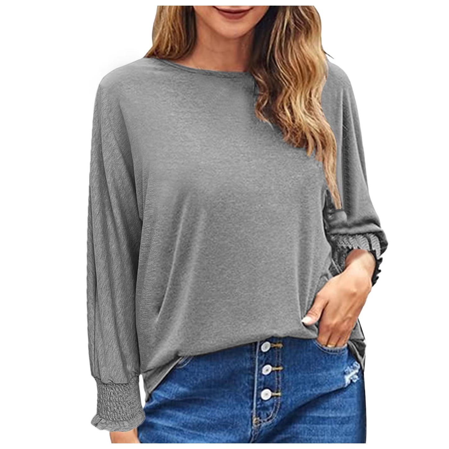 Casual Blouse - Baggy ¾ Sleeve Smocked Cuffs Casual Blouse-Jersey